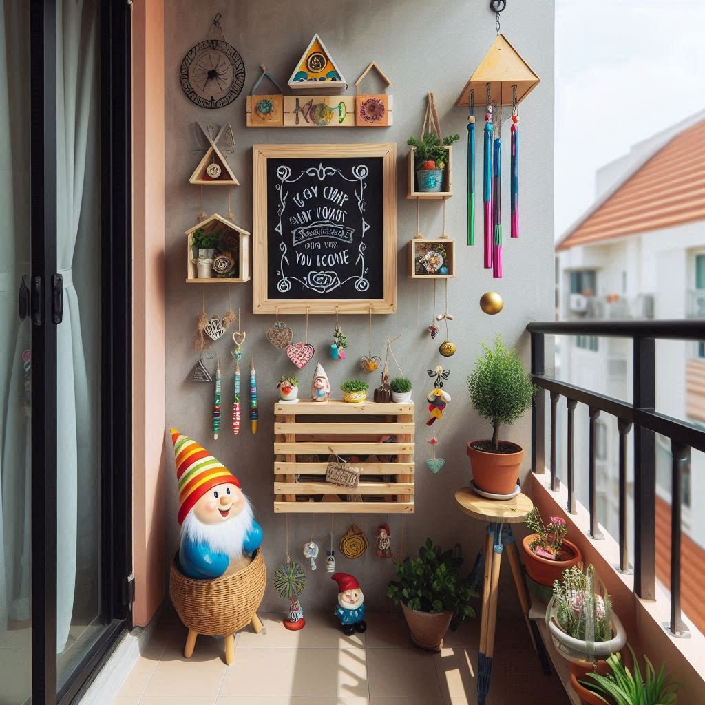 Balcony with wind chimes, a chalkboard, and a colorful garden gnome.